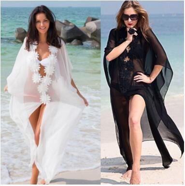 De Largo Verano Largas Mujeres Gasa Solar Camisas Traje Blusas Protector Bikini Flores Playas Playa Transparentes Baño Blancas Vestido eYEHWD29Ib