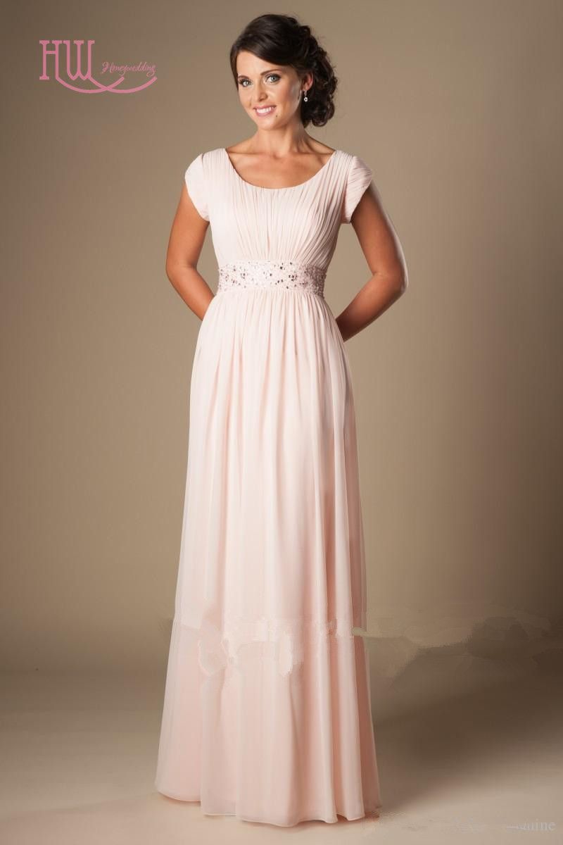 Light Pink Long Bridesmaid Dresses Cheap Short Sleeves Modest Formal ...