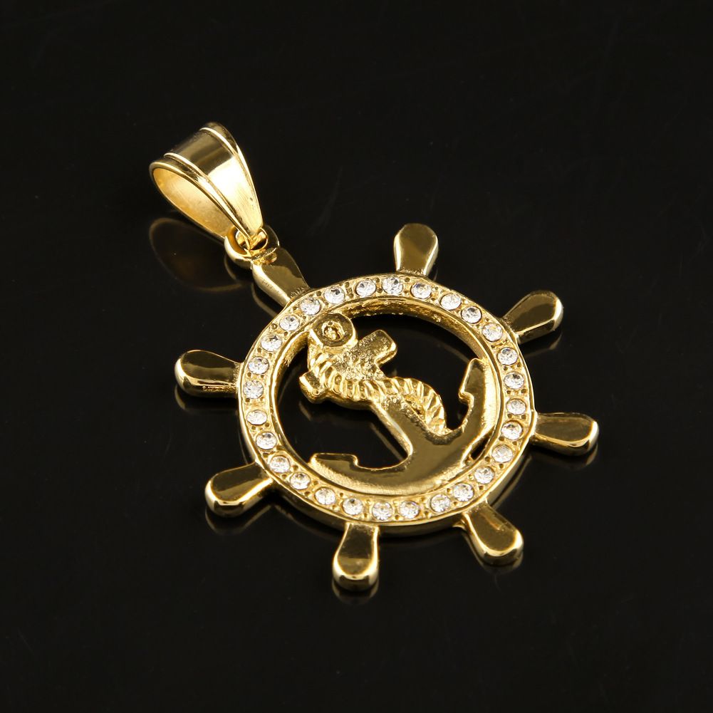Wholesale Stainless Steel Round Anchor Pendant 24K Gold Lced Out Bling