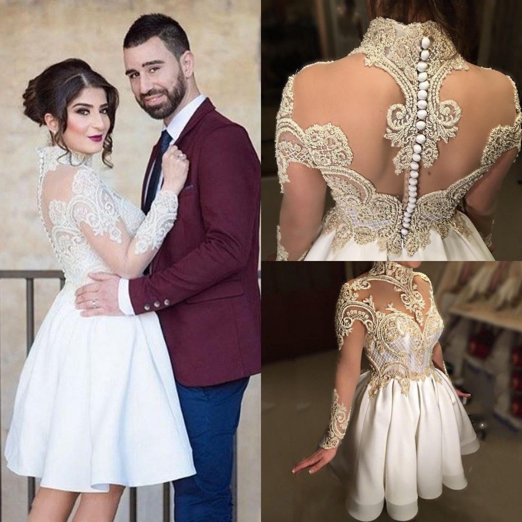 Discount Vintage 2017 Short Mini Wedding Dresses High Neck Illusion