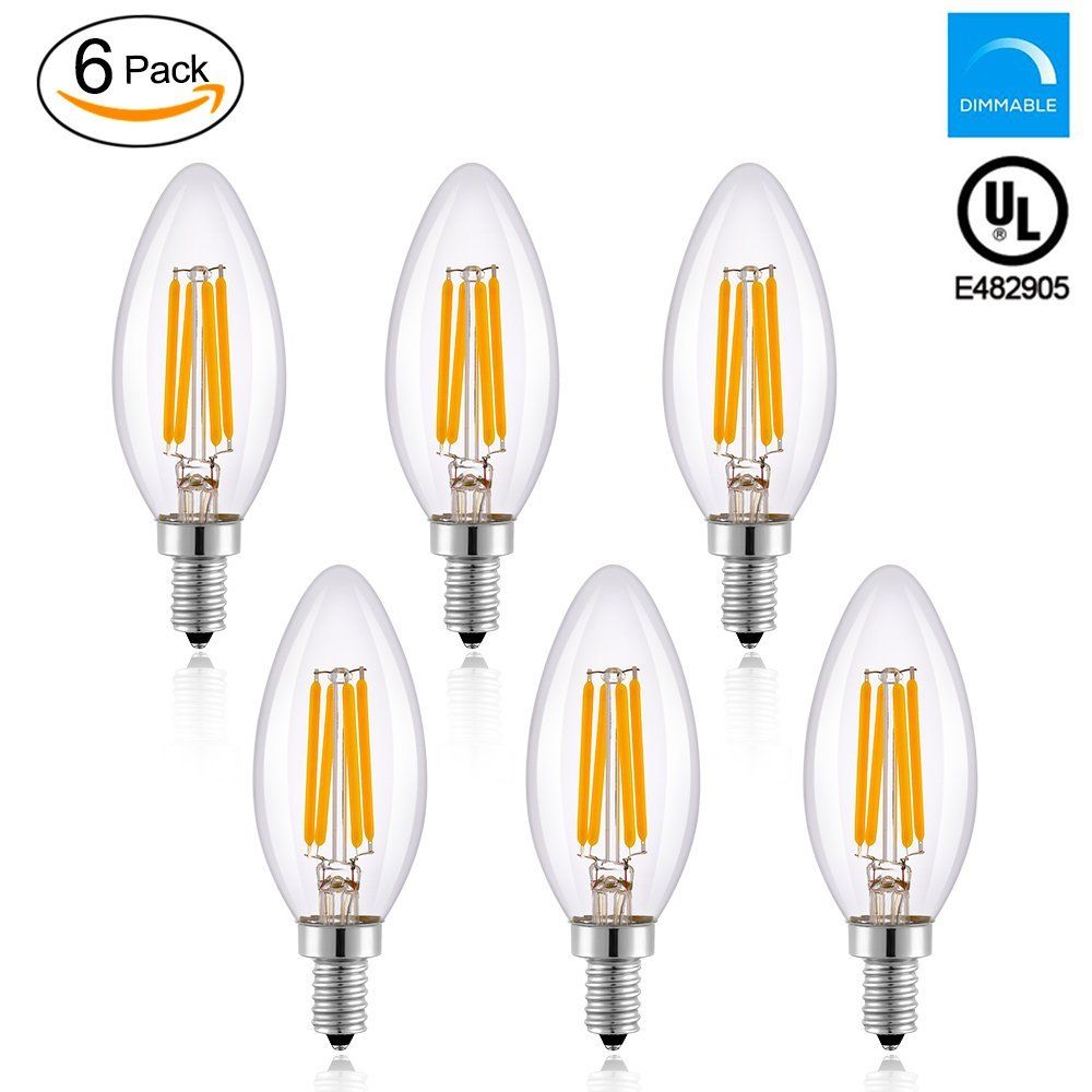 Led Candelabra Bulb 4w E12 Dimmable Candle Light 440lm 2700k Led Candelabra Bulb 4w E12 Dimmable Candle Light 440lm 2700k Clear Glass Torpedo Shape Bullet Top Filament Ul Listed 6 Pack Flood