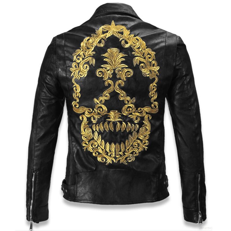 Fall Luxury Italian Embroidered Skull Black Leather Jacket Men Fall Luxury Italian Embroidered Skull Black Leather Jacket Men Motorcycle Vintage Punk Rock Biker Pu Coats Jackets Dress Bike