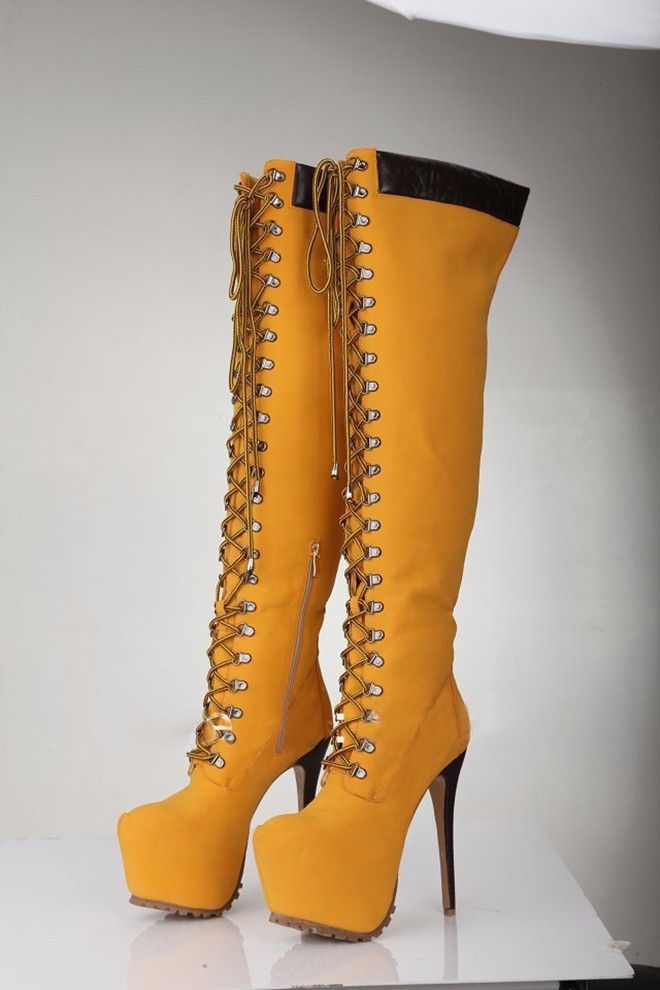 20168new Fashion Big Size Round Toe Thigh High Boots Lace Up Yellow