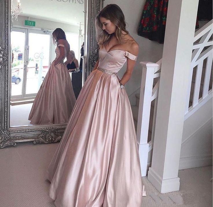 Pearl Pink Puffy Off-the-Shoulder Prom Party Gowns for Juniors 2019 with Pockets Beading Floor Length Prom Dress Evening Wear