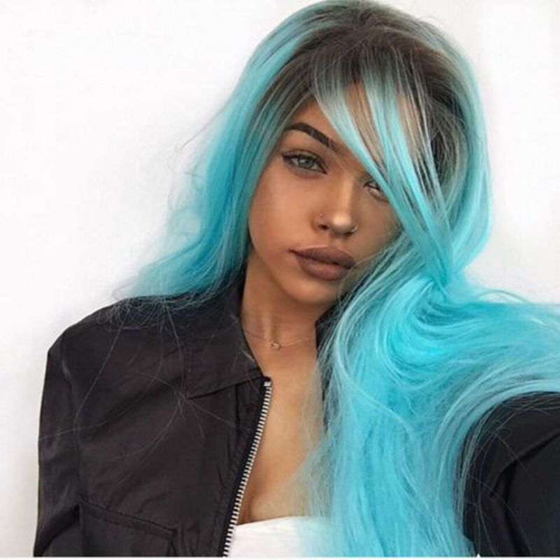 Long Straight Ombre Back To Light Blue Heat Resistant Hair Wigs