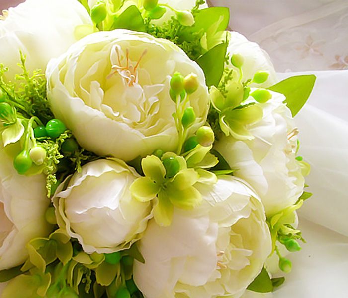 Acheter Bouquet De Mariée De Pivoine Blanche Artificielle Fleurs De Mariage En Soie En Cascade Feuille Verte Grand Bouquet De Fleurs 32cm Nouveau De