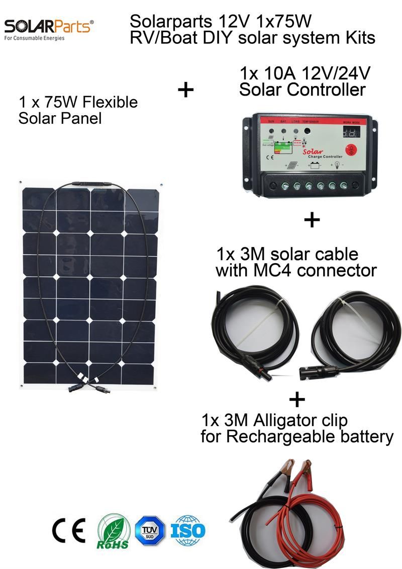 Solarparts 1x75w Diy Rv Boat Home Kits Solar System Flexible Solarparts 1x75w Diy Rv Boat Home Kits Solar System Flexible Panel 10a Controller Charger Cell Cable Used Panels Free