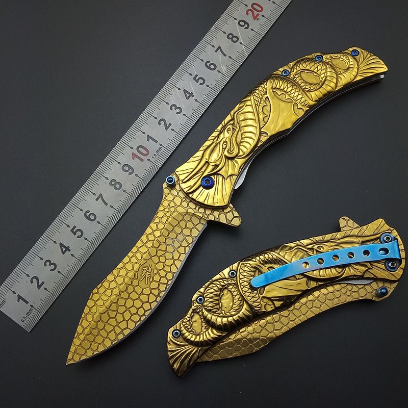 Gold Dragon Tactical Knife Wilderness Survival Tools Spring Steel Outdoor Knives Hiking Camping