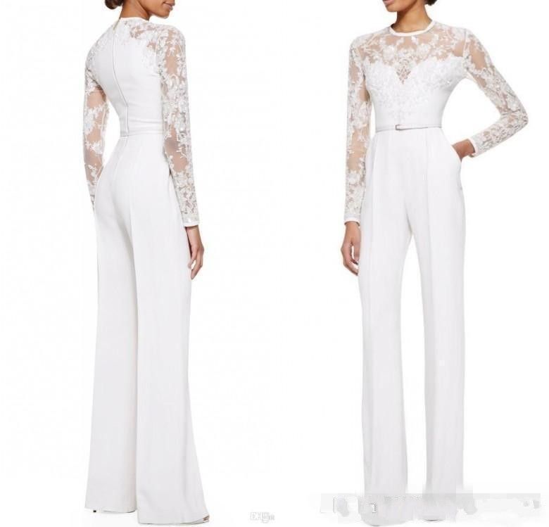 Acheter 2019 Nouveau Blanc Mere De La Mariee Pantalon Costumes Combinaison Avec Manches Longues En Dentelle Embellies Femmes Soiree Formelle Usure Sur Mesure 117 De 102 48 Du Hxhdress Dhgate Com
