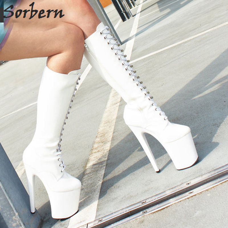 white lace up thigh high boots