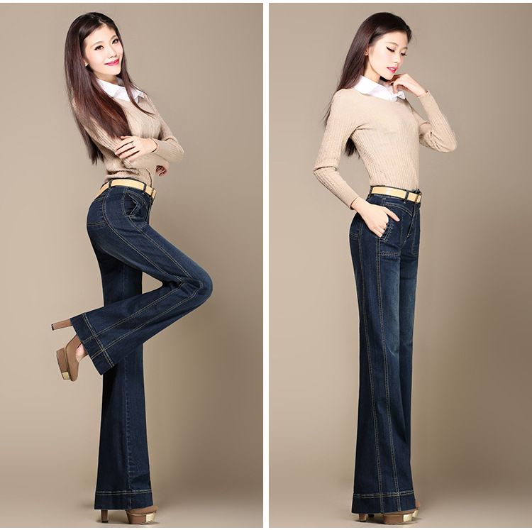 Women Blue Vintage Trumpet Super Flare Jeans Womens Low Rise Stretch