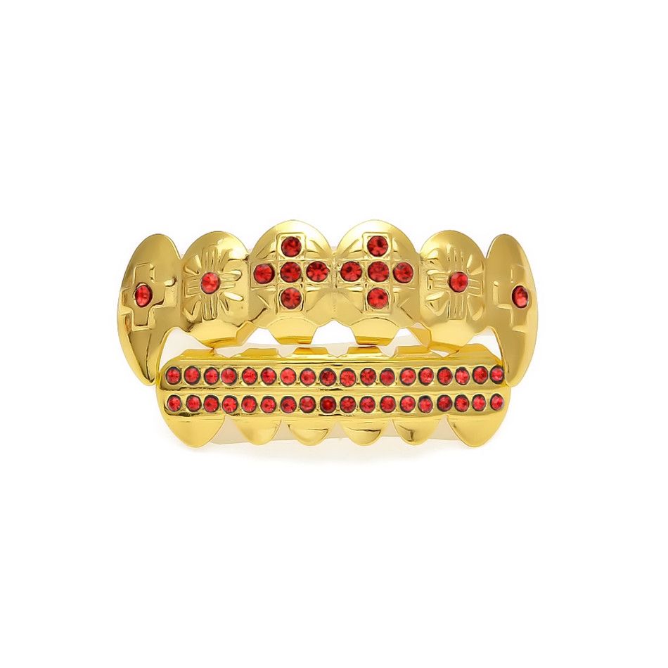 Placcato oro Iced Out Rosa CZ con strass Hip Hop Denti bocca GRILLZ Caps Top Bottom Grill Set Vampire teeth Jewelry