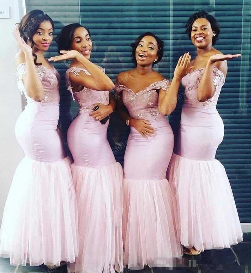 Blush Pink Lace Tulle Mermaid Long Bridesmaids  Dresses  