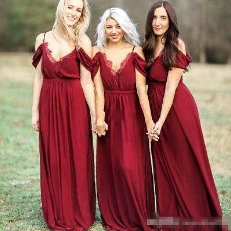 Burgundy Lace Chiffon Country Bohemian Long Bridesmaid Dresses 2017 ...