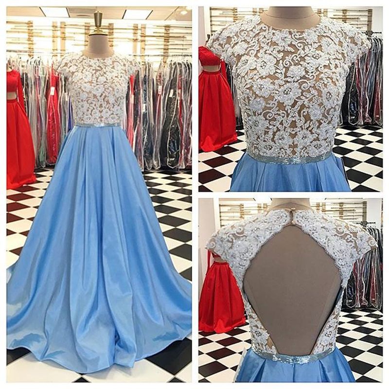 2019 Sky Blue  Long Prom Dress  With White Lace Top Ruffle 