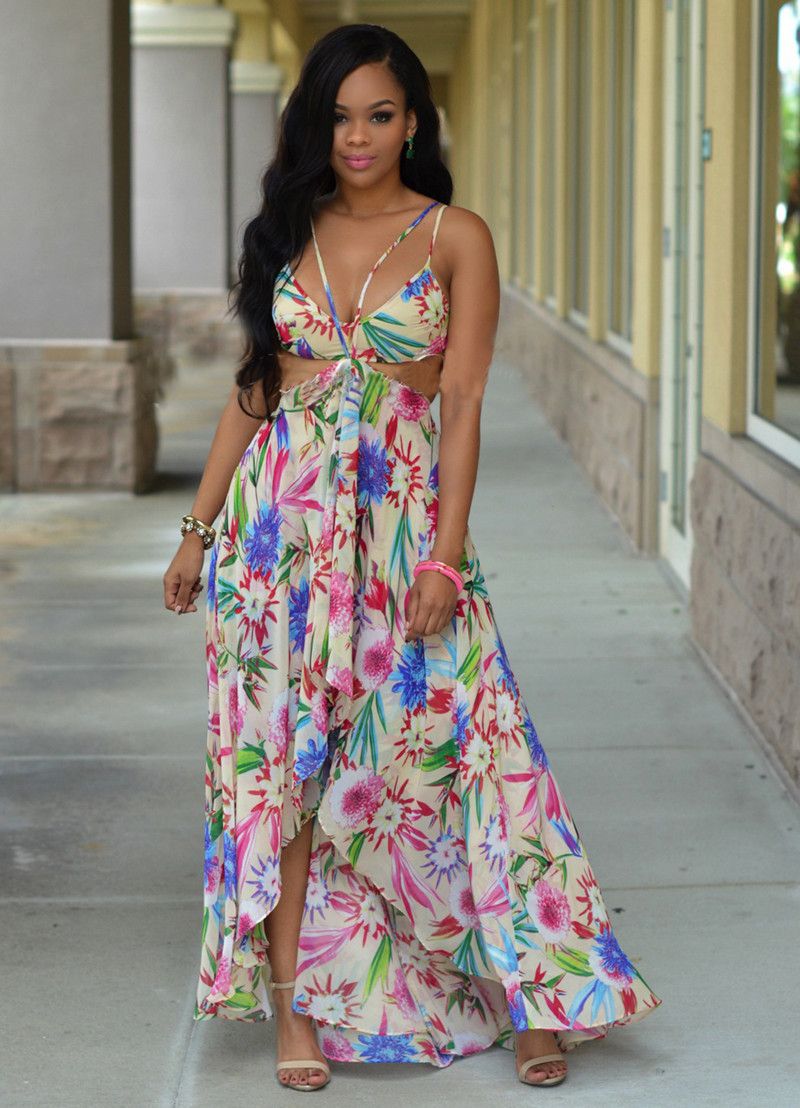 Summer Long Dress Women Sexy Beach Dresses Low Cut Straps Floral Print