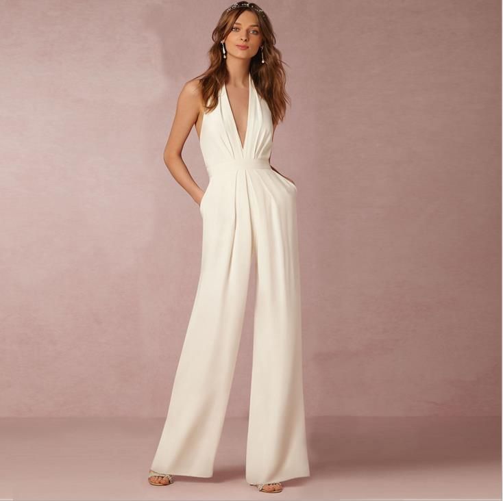 Acquistare Hot Europa Moda Donna Sexy Scollo A V Senza Maniche Halter Tute  Tuta Da Donna Casual Tuta Lunga Bianca Economico | Consegna Veloce E  Qualità | DHgate Italy