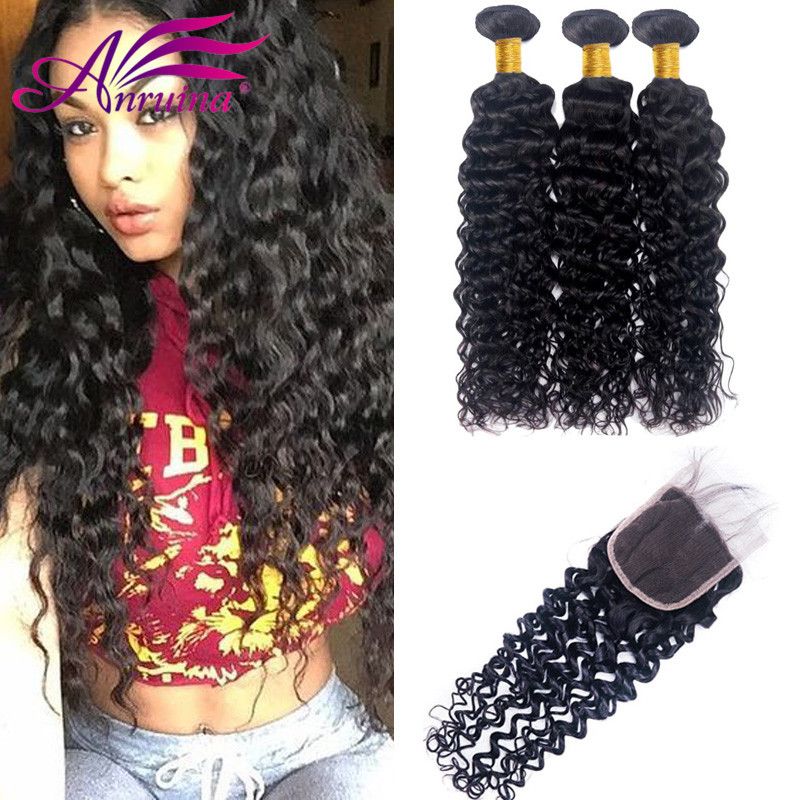 2019 Malaysian Human Hair 3 Bundles With Lace Closure Wet And Wavy