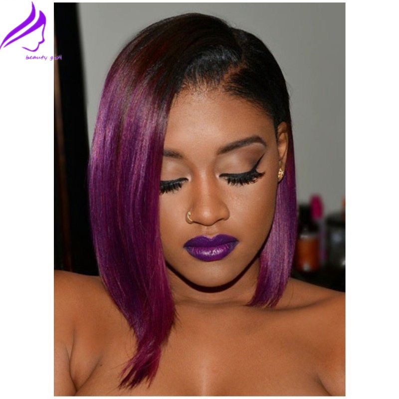 Hot Heat Resistant Hair Wigs Two Tone Purple Short Bob Wigs For