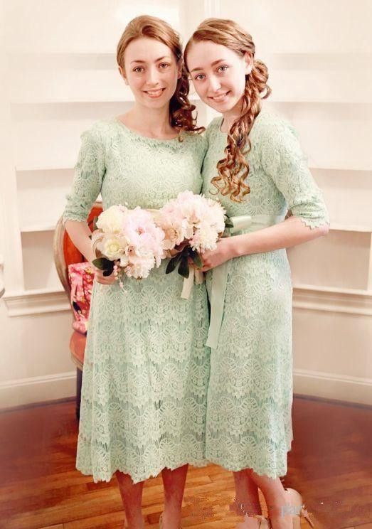 Vintage Full Lace Half Sleeve Tea Length Country Junior Bridesmaids ...