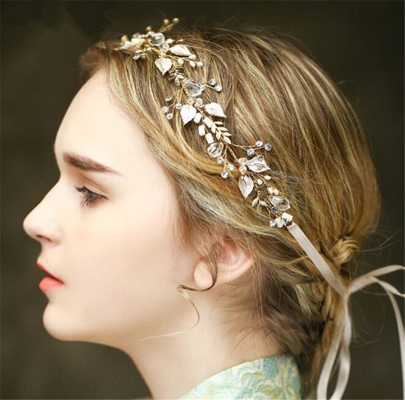 Vintage Bröllop Bröllop Kristall Headband Ribbon Rhinestone Crown Tiara Hårband Smycken Guldblad Pearl Hair Tillbehör Huvudbonad