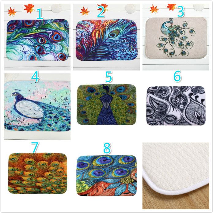Bath Mat Peacock Feather Color Painting Rug Toilet Carpet Suede Non