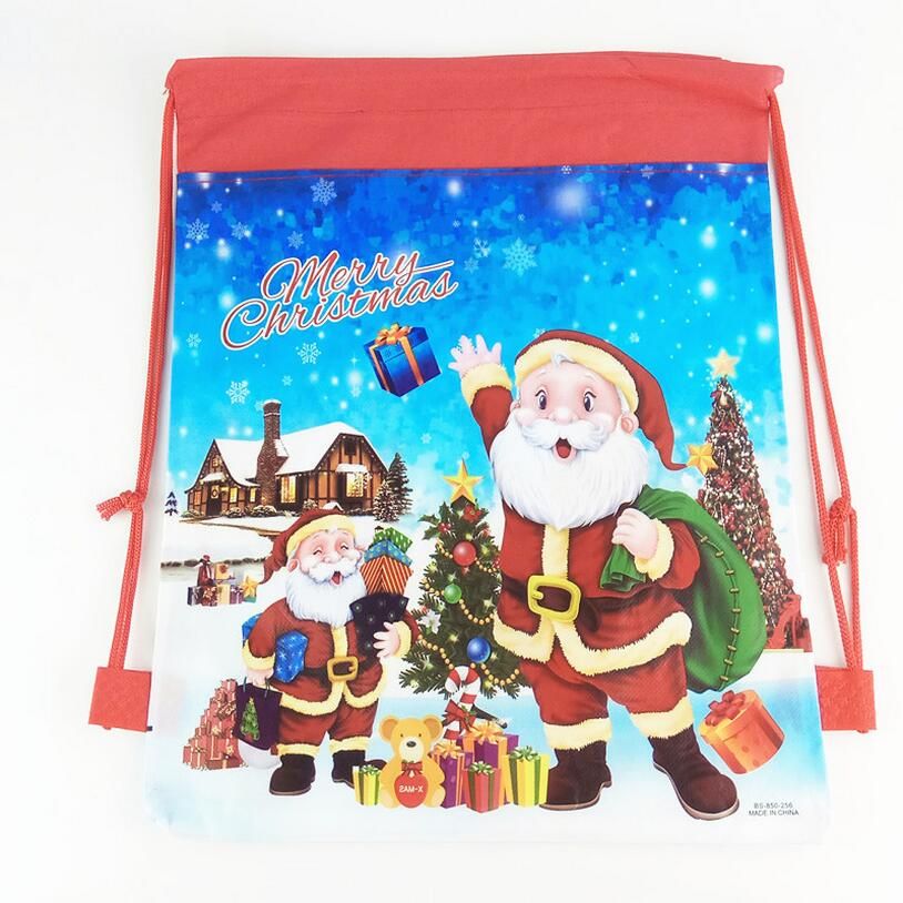 Children Santa Claus Printing Draw String Bags Kids Boys Girls Non Woven Backpack Beam Pockets Christmas Gift Bags Cartoon Book Bagpack Clearance