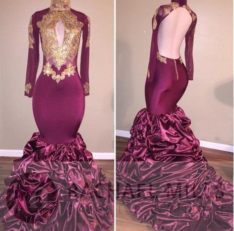 Burgundy Long Sleeves Mermaid Gold Appliqued Prom Dresses Long 2017 ...