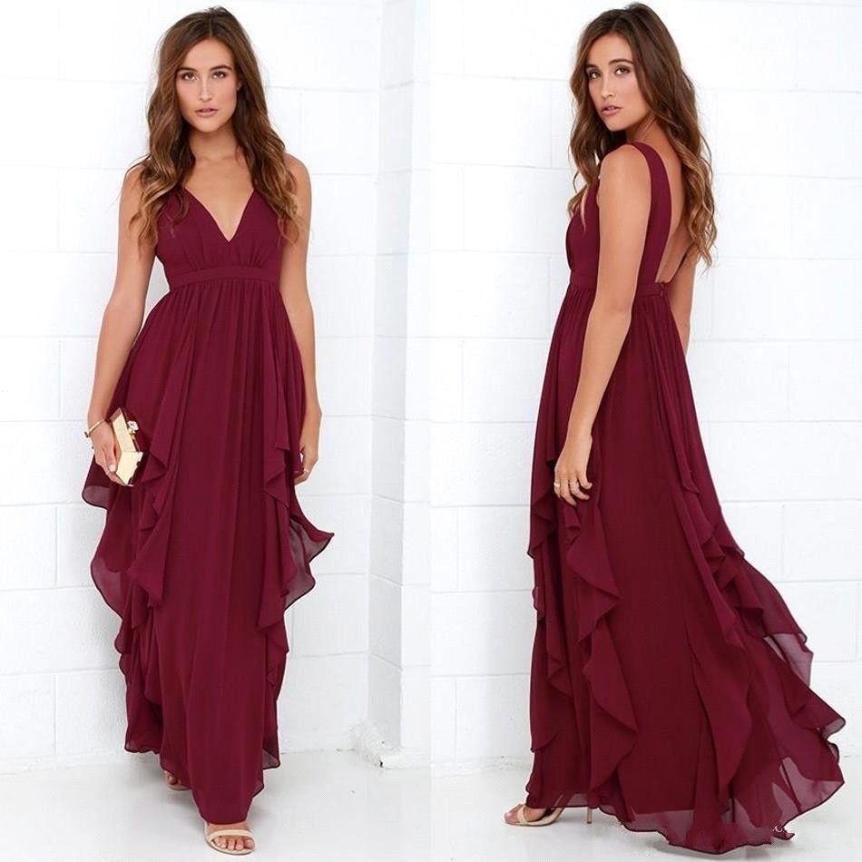 2017 Cheap Chiffon Burgundy Bridesmaid Dresses V Neck Backless Pleated ...