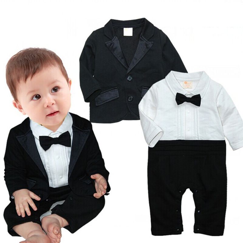 infant baby boys formal bow tie rompers suits full sleeves jumpsuit