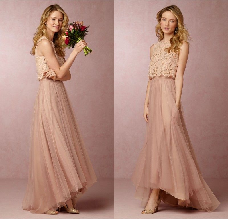 Compre 2020 Vestido Rosa Blush New Vintage Two Pieces Vestidos Dama De Honra Lace Tulle Longo Da Dama De Honra Vestidos Retro Hi Lo Prom Party De Promotionspace, $510,54 | Pt.Dhgate.Com