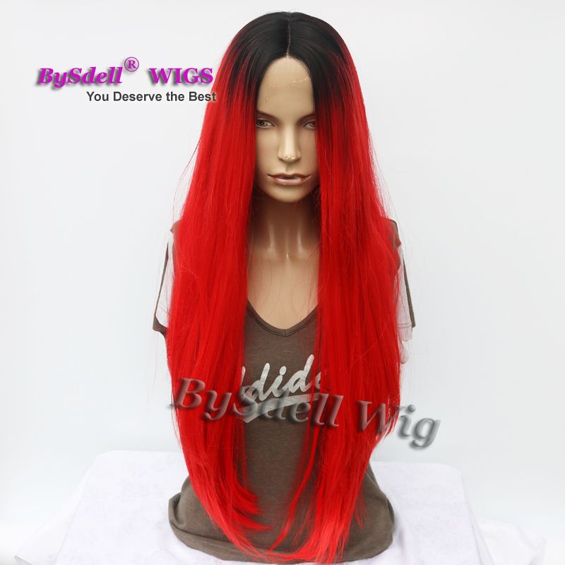 New Bright Red Color Hair Wig With Black Roots Synthetic Two Tone