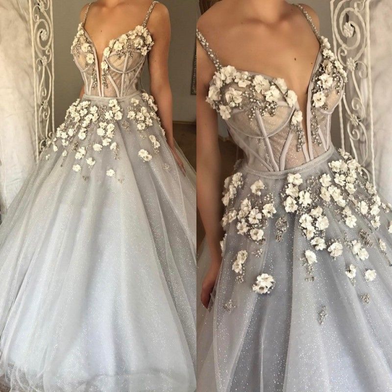 Sparkly Silver Ball Gown Wedding Dresses Spaghetti Floor Length Deep V ...