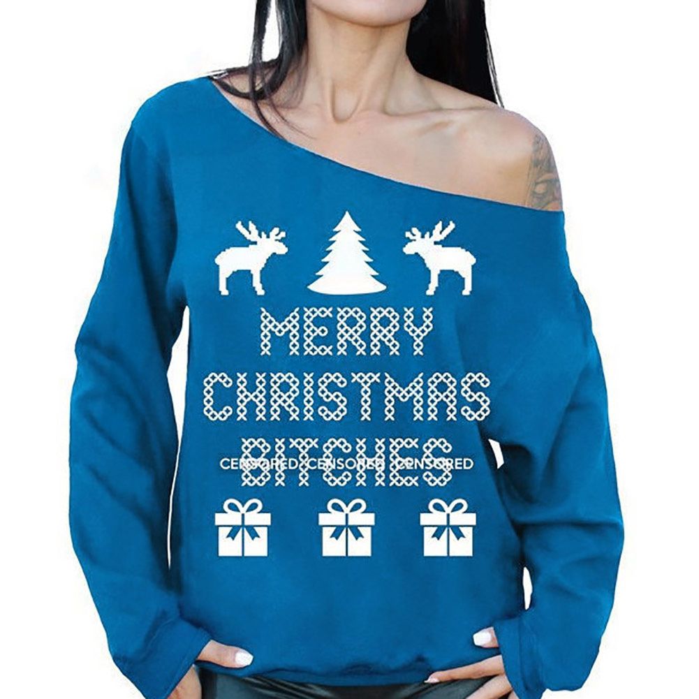 2018 Wholesale Christmas Jumper f Shoulder Sweatshirt Merry Christmas Bitches Letters Print Snowflake Tops Women Clothes From Sizhu $29 2