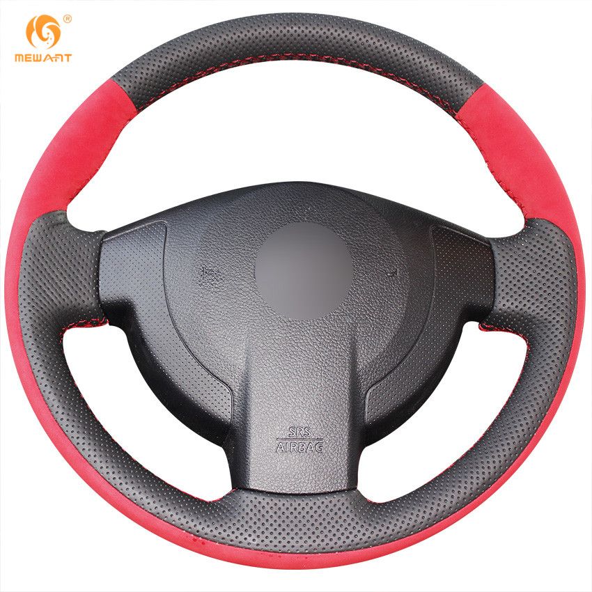 Mewant Red Suede Black Genuine Leather Car Steering Wheel Covers for