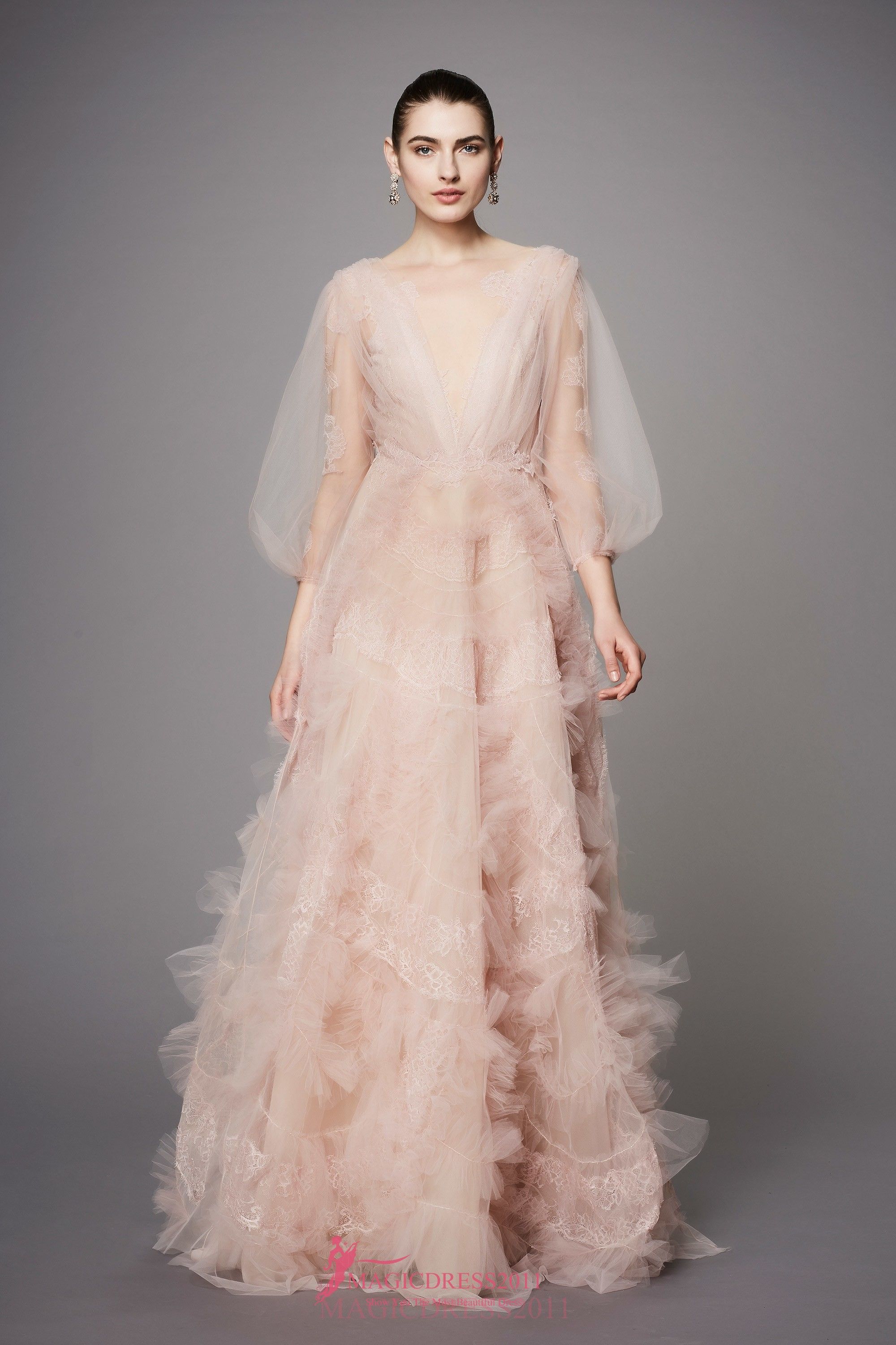Acquista Marchesa 2019 Prom Dresses Formale Pizzo Rosa Dei Vestiti Da Sera  A Line Jewel Illusione Corpetto A Maniche Lunghe Tiered Gonne Partito A  122,66 € Dal Magicdress2011 | It.DHgate.Com