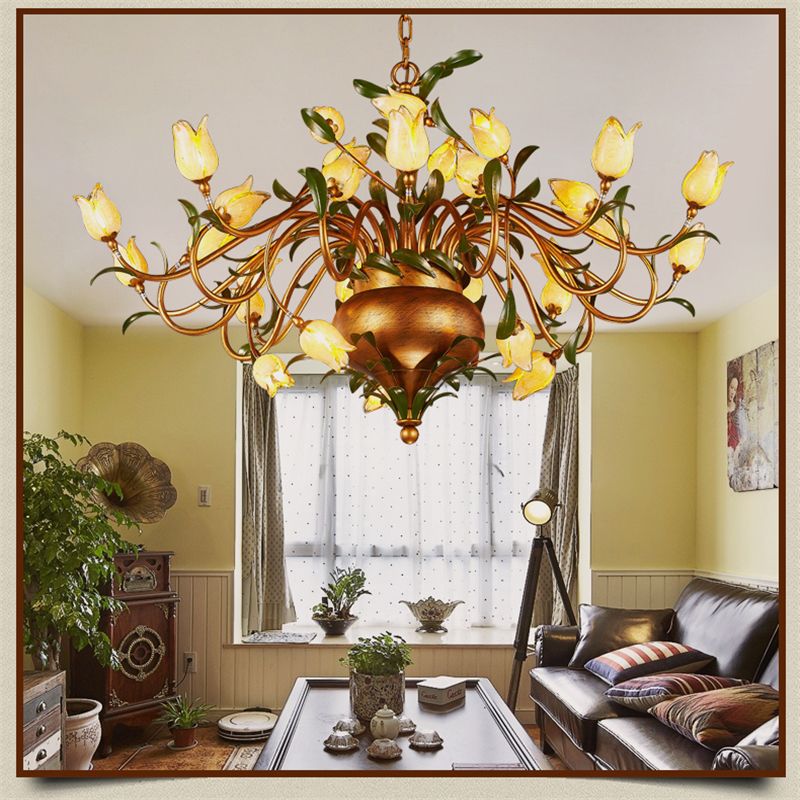 Glass Flowers Chandeliers American Vintage Garden Artistic Glass Flowers Chandeliers American Vintage Garden Artistic Suspension Lighting Restaurant Villa Art Deco Hanging Lamp Pendant Parts Wood