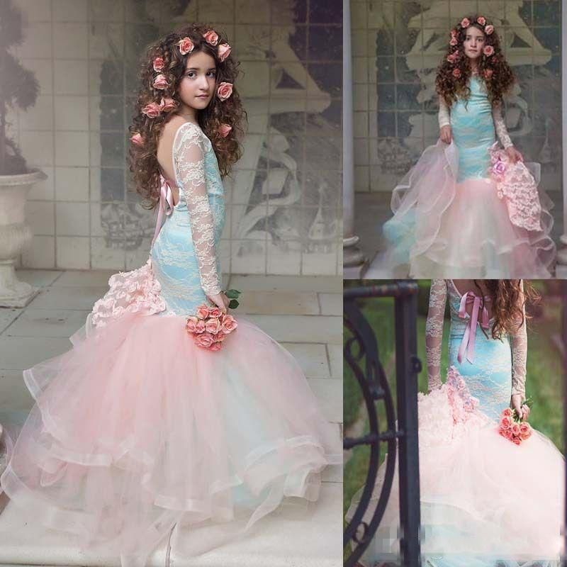 Blue And Pink Girls Pageant Gowns 2017 Lace Long Sleeves