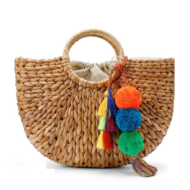 Beach Bag Straw Basket Totes Bag Bucket Large Big Summer Bags With Tassels Pom Pom Women Natural ...