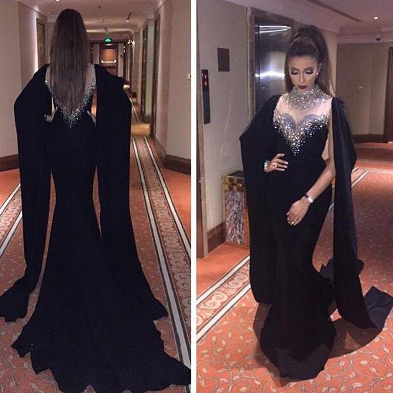 2018 High Neck Black Mermaid Prom Dresses Beaded Crystals Muslim