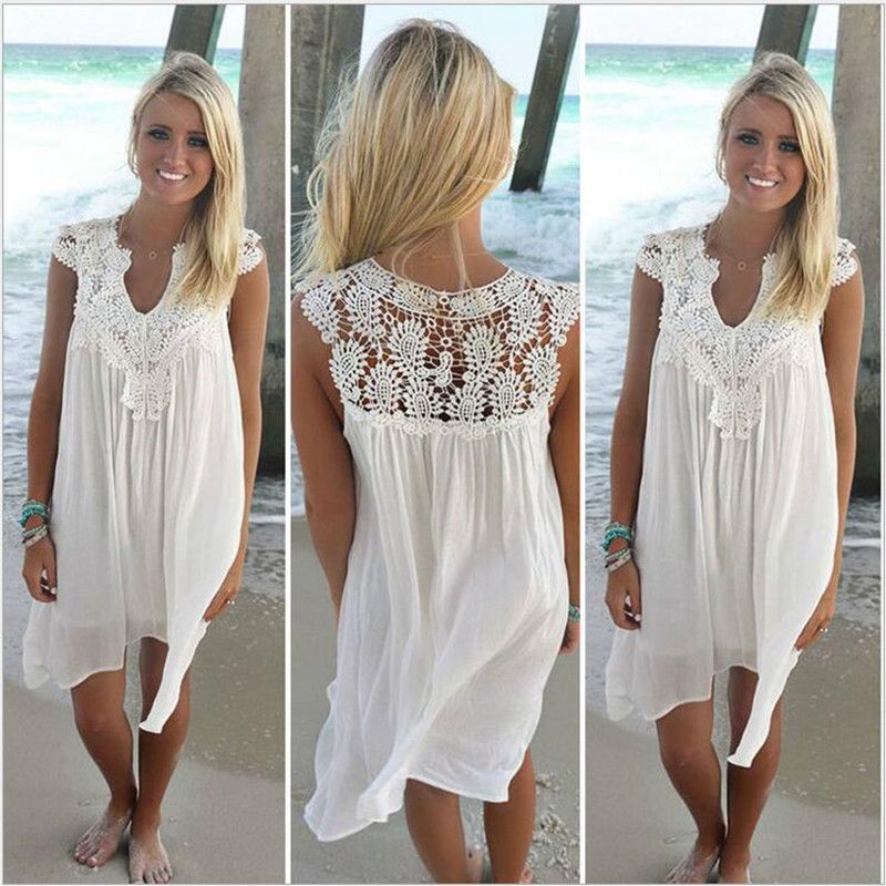 Boho Style Women Lace Dress Summer Loose Casual Beach Mini Swing Dress One Piece Playsuits Chiffon Bikini Cover Up Sun Dress On Sale