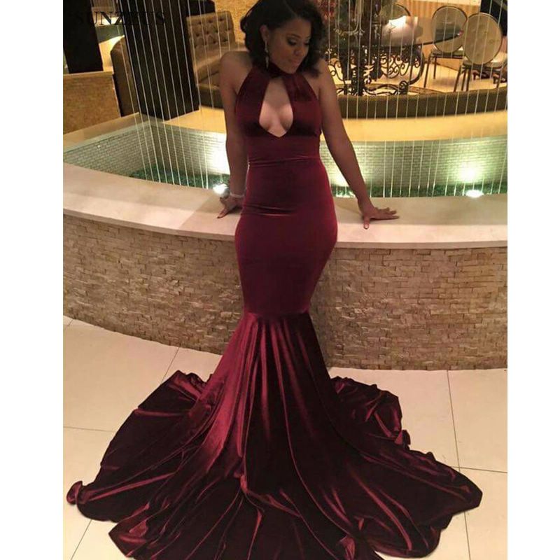 maroon velvet prom dress