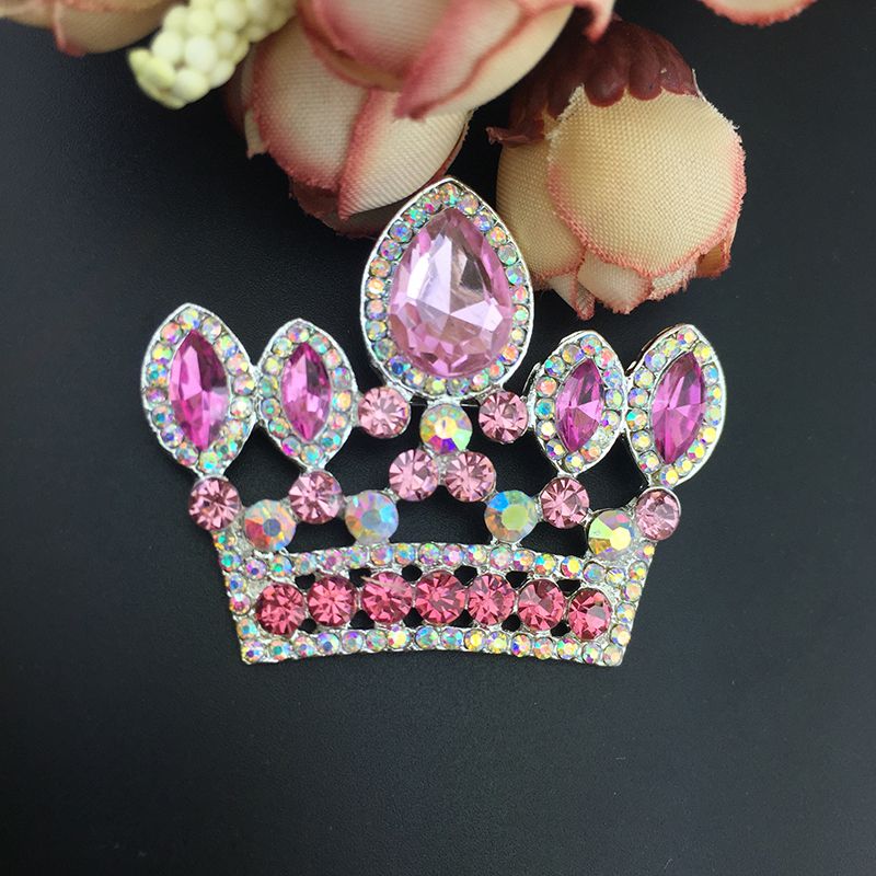 Silvertone Pink Rhinestone Crystal Crown Brooch Pendant Art Deco
