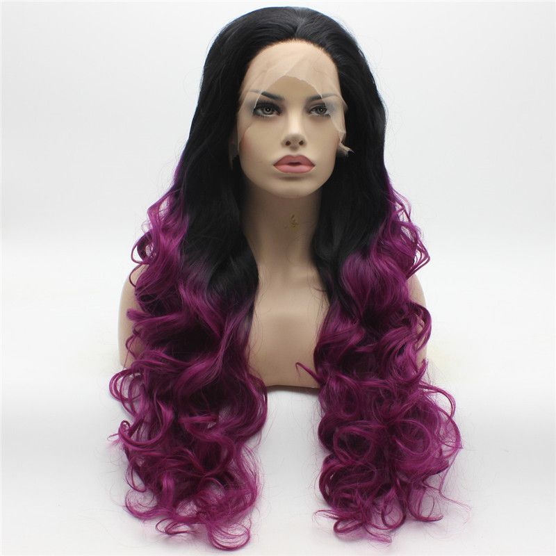 Grosshandel Iwona Hair Dark Root Purple Ombre Gewellte Lange Perucke 5 1b 3700 Halbe Hand Gebunden Hitzebestandige Synthetische Lace Front Perucke