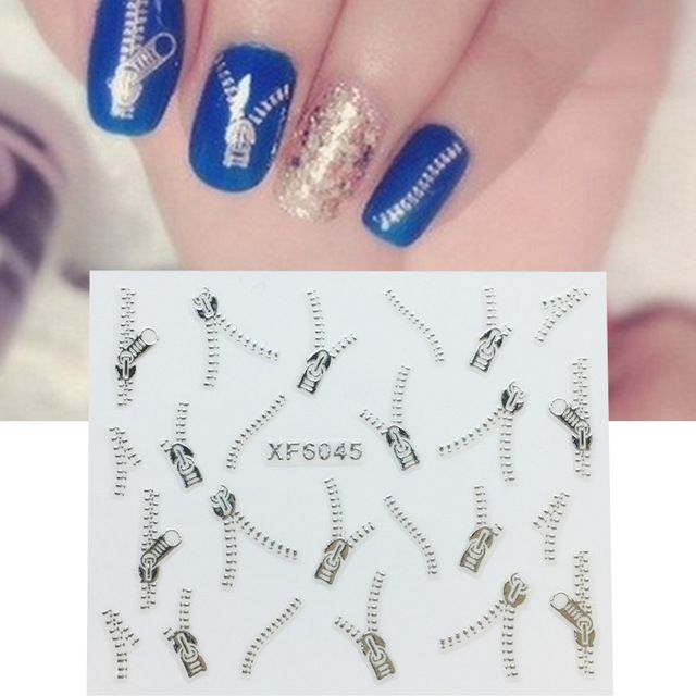 Wholesale 1sheets Hot Silver Zipper 3d Stickers For Nails Tips Wraps