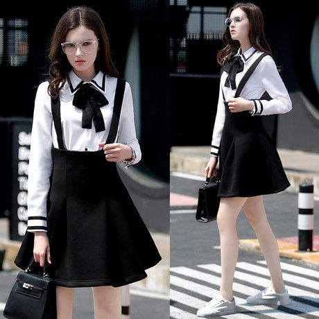 2017 Spring Women Overall Bow Shirt High Waisted Suspender Skirt White ...