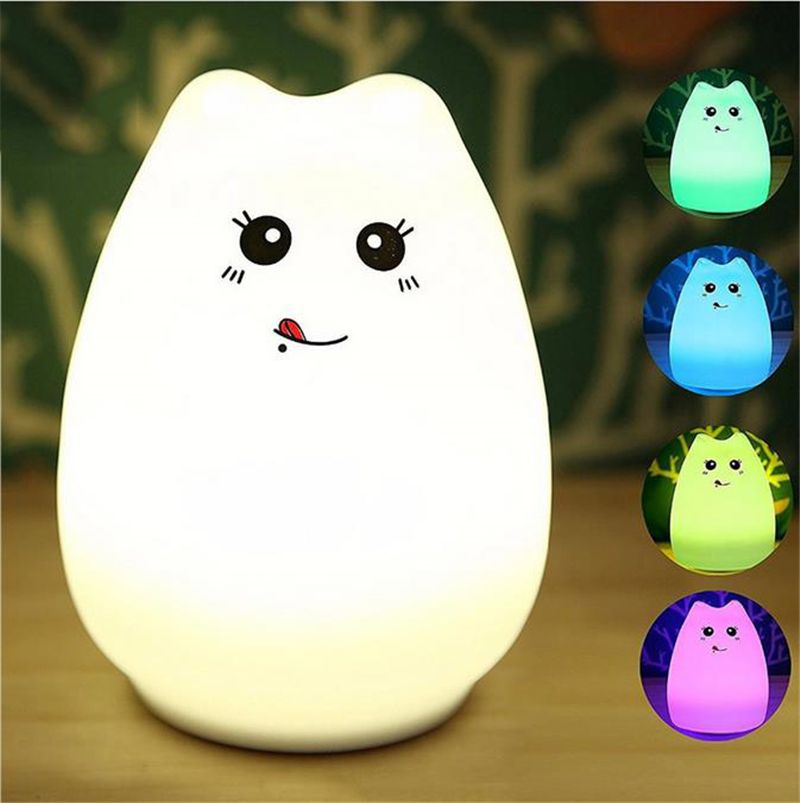 Résultat de recherche d'images pour "Popular LED USB Rechargeable Cute Cat Night Light Colorful Silicone Bedroom Hit Beat Lamp 12 hours in color changing mode"