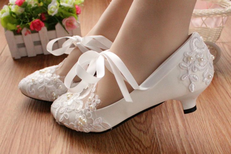 Lace Wedding Shoes Ballerina Flat Ankle Tie Ribbon Bow Lovely Pearl Lace Flower Embroidery Bridesmaid Shoes