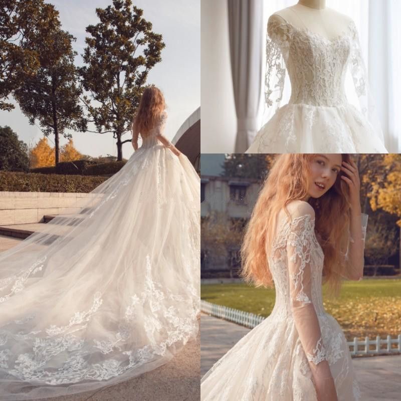 2017 Lace Long Sleeves Vintage Ball Gown Wedding Dresses V-Neck Lace Appliques Backless Bridal Gowns Plus Size Wedding Gowns With Free Veil 2017 Lace Long Sleeves Vintage Ball Gown Wedding Dresses V-Neck Lace Appliques Backless Bridal Gowns Plus Size Wedding Gowns With Free Veil