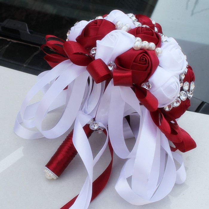 Wine Red White Wedding Bouquets Satin Sweet 15 Quinceanera Bouquets Artificial Flowers Rhinestones Crystal Bridal Holding Flowers W273 3 From Sunnybaburam 28 14 Dhgate Com